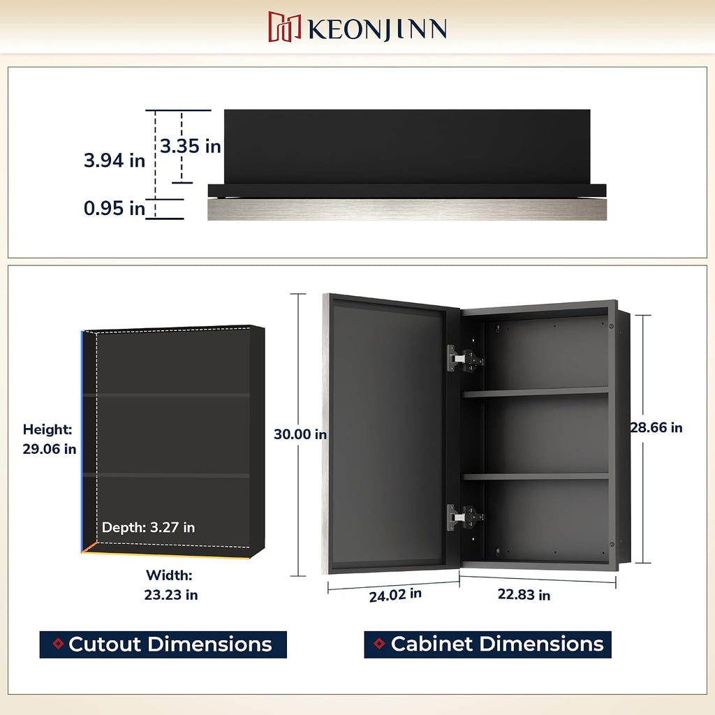 Keonjinn 24" x 30" Medicine Cabinets with Mirror for Bathroom, Brushed Nickel Recessed or Surface Wall-Mounted Aluminum Alloy Framed Beveled Mirror, Farmhouse Bathroom Mirror with Storage Cabinet
