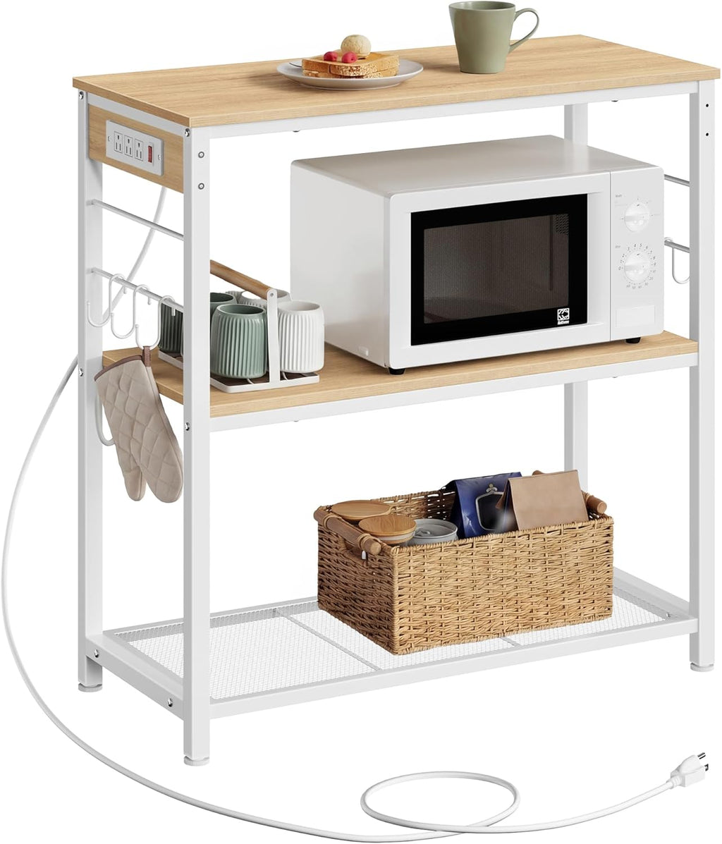 VASAGLE Kitchen Island with Power Strip, Microwave Oven Stand, Kitchen Shelf, Baker's Rack with 3 Open Shelves, 6 Hooks, Metal Frame, 15.7 x 31.5 x 35.4 Inches, Goldean Oak and White UKKI102YA02S