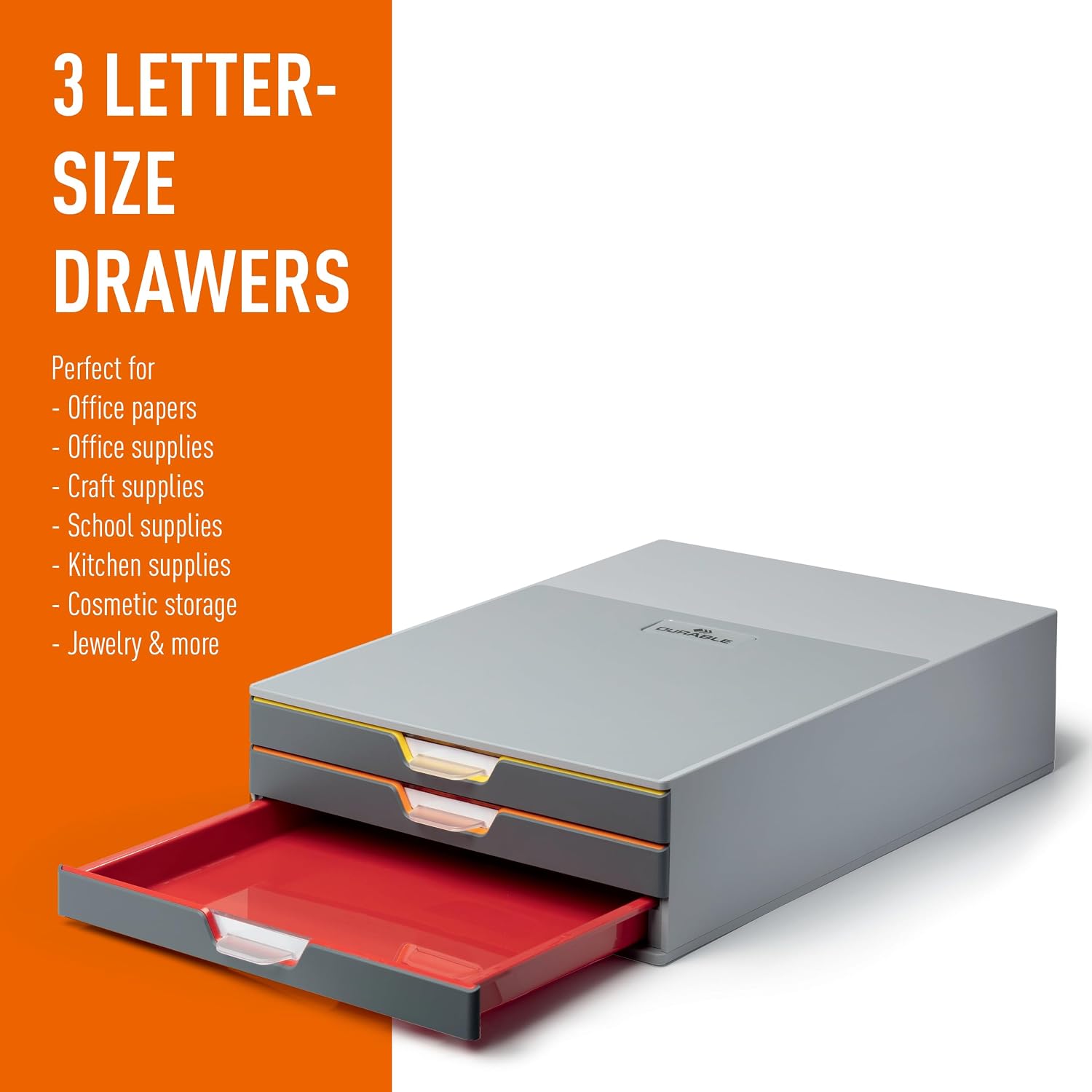 Durable Varicolor 3 Drawer Unit - Gray Desktop Drawer Set with 3 Color Coded Draws - Letter to Folio Size Files - Perfect for Storing Documents and Paper Work