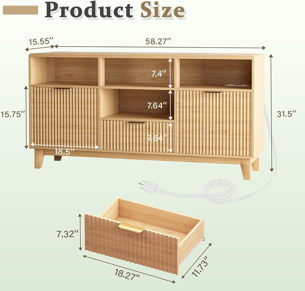 58" Coffee Bar Cabinet with Storage and Drawers, Large Sideboard Buffet Cabinet with Charging Station, Adjustable Lighting, 2 Doors and Open Shelves, Fluted Panel, Natural Oak