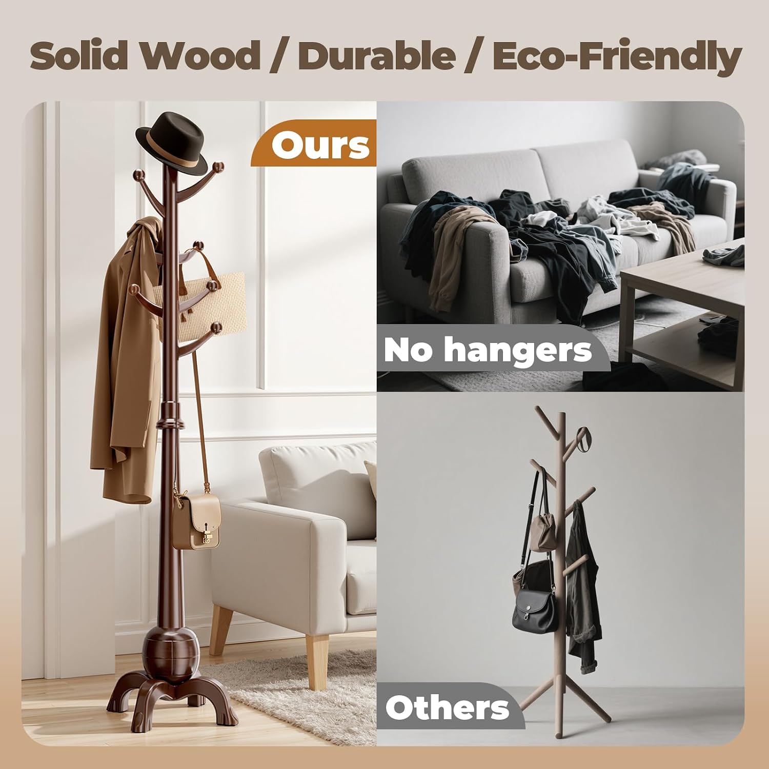 Wood Coat Rack Freestanding, Solid Wooden Hall Tree with 8 Hooks, Coat Tree Freestanding Heavy Duty with Stable Base, Entryway Hallway Bedroom Office Use, 240lbs Load Capacity H:71.6in (Walnut)