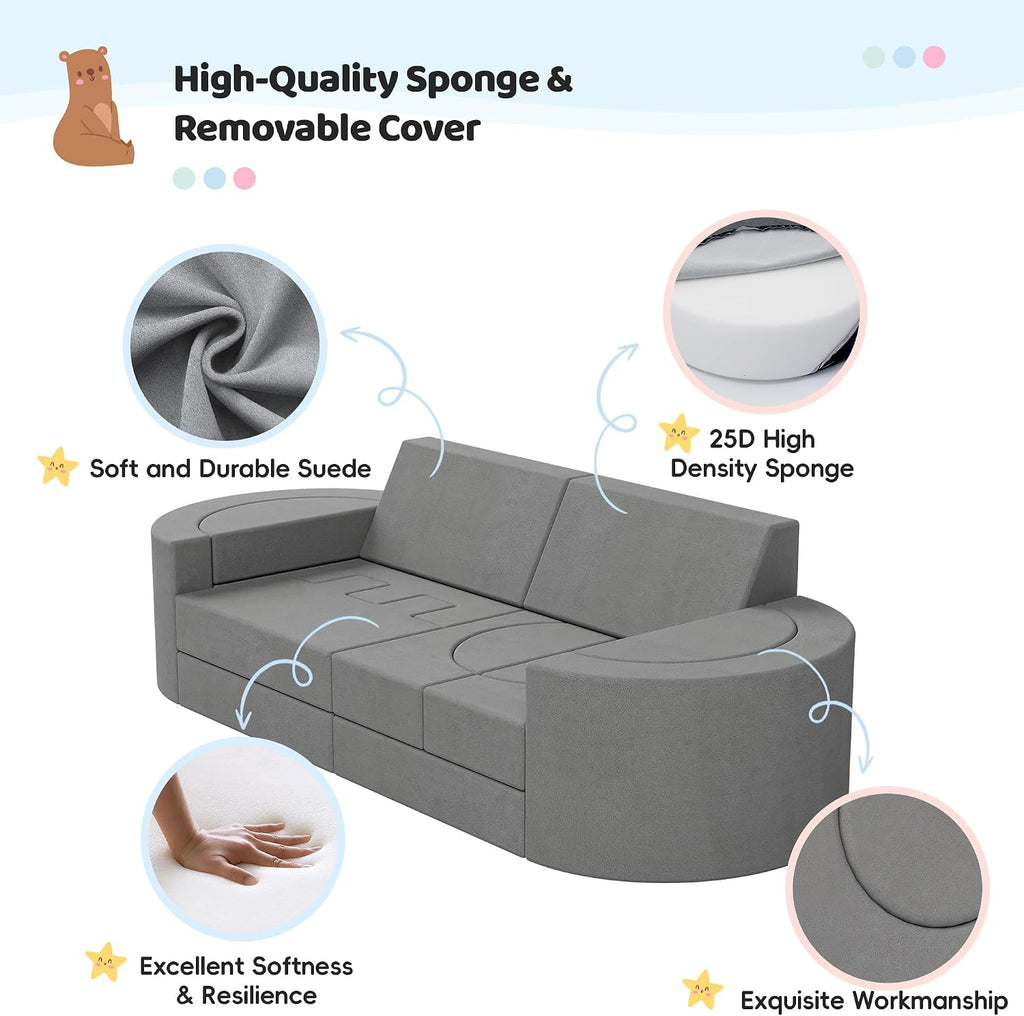 68 Inch Extra Large Modular Kids Play Couch, Toddler Foam Couch, 16Pcs Fort Pillows for Kids, Playroom Decor for Boys and Girls, Grey-Castle Wall
