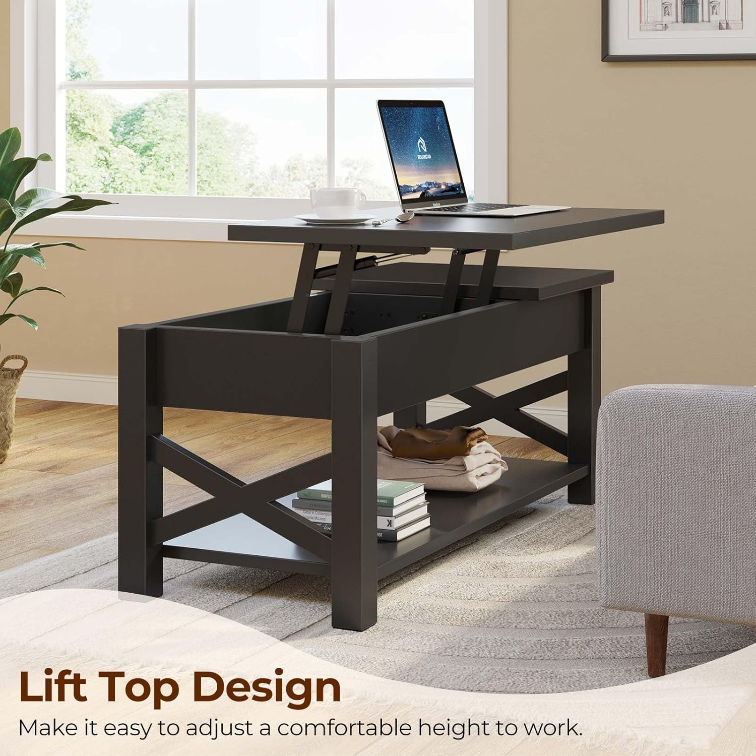 Rolanstar Coffee Table 47.2", 2 Way Lift Top Farmhouse Center Table with Hidden Compartment, Open Shelf & X Wooden Support for Living Room, Black