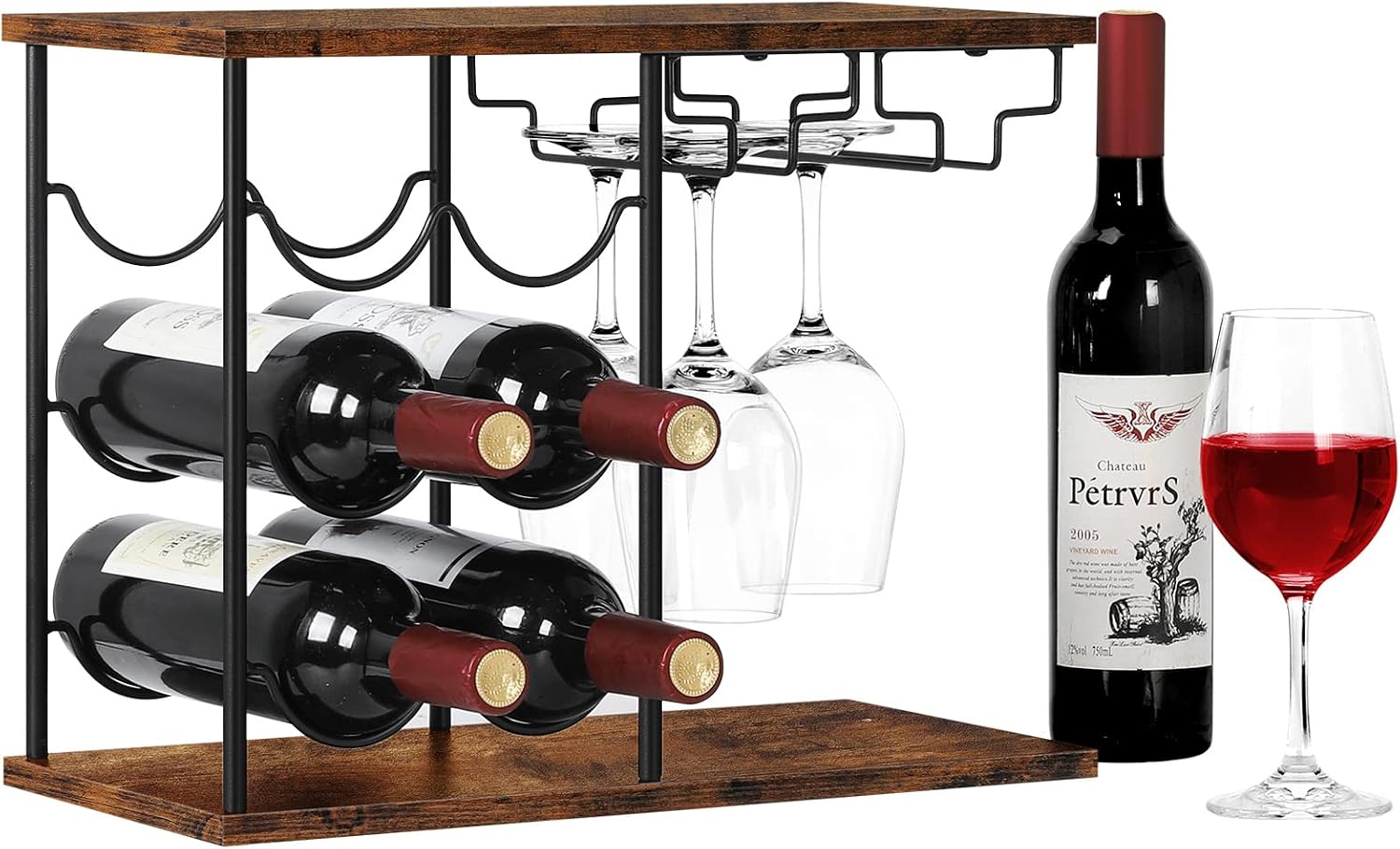 LIANTRAL Wine Racks Countertop, Modern Wine Bottle Holder for Home Kitchen | Hold 6 Bottles and 4 Wine Glasses, Freestanding Wine Rack for Bar, Wine Cellar, Cabinet