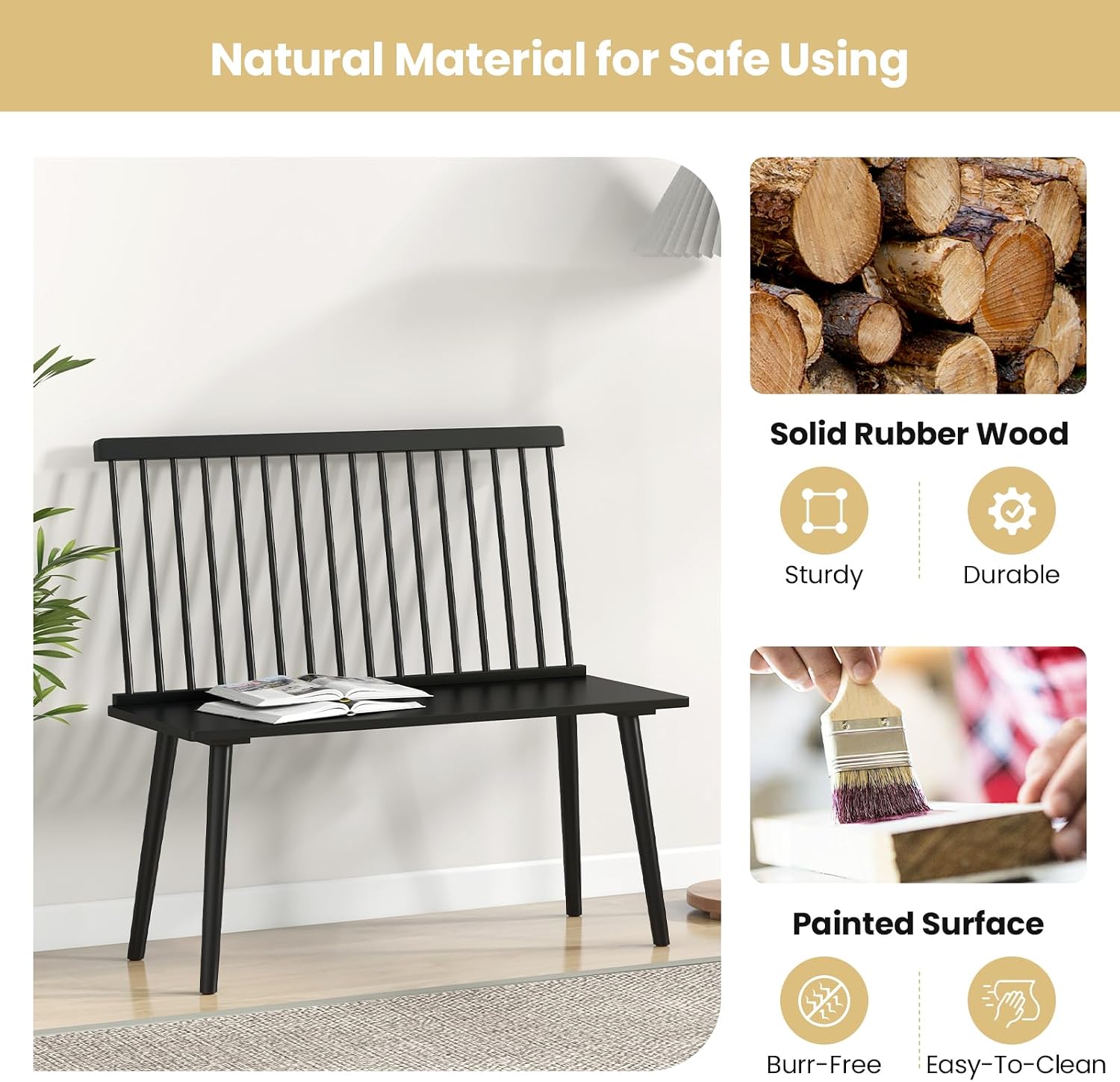 Giantex Dining Bench with Back, Black Windsor Bench with Spindle Back & Anti-Slip Foot Pads, Farmhouse Rubber Wood Dining Bench, Indoor Wooden Entryway Bench for Living Room, Dining Room, Hallway