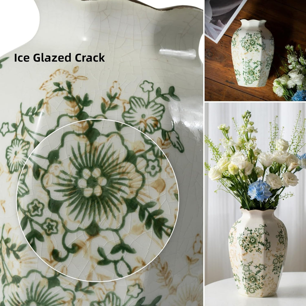 Green and White Vintage Ceramic Vase, 9.1 Inch Ice Glazed Crack Chinoiserie Rustic Floral vases, Green and Beige Large Pastoral Farmhouse Flower Vase for Tuscan Home Decor (D 6" X H 9.1")