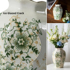 Green and White Vintage Ceramic Vase, 9.1 Inch Ice Glazed Crack Chinoiserie Rustic Floral vases, Green and Beige Large Pastoral Farmhouse Flower Vase for Tuscan Home Decor (D 6" X H 9.1")