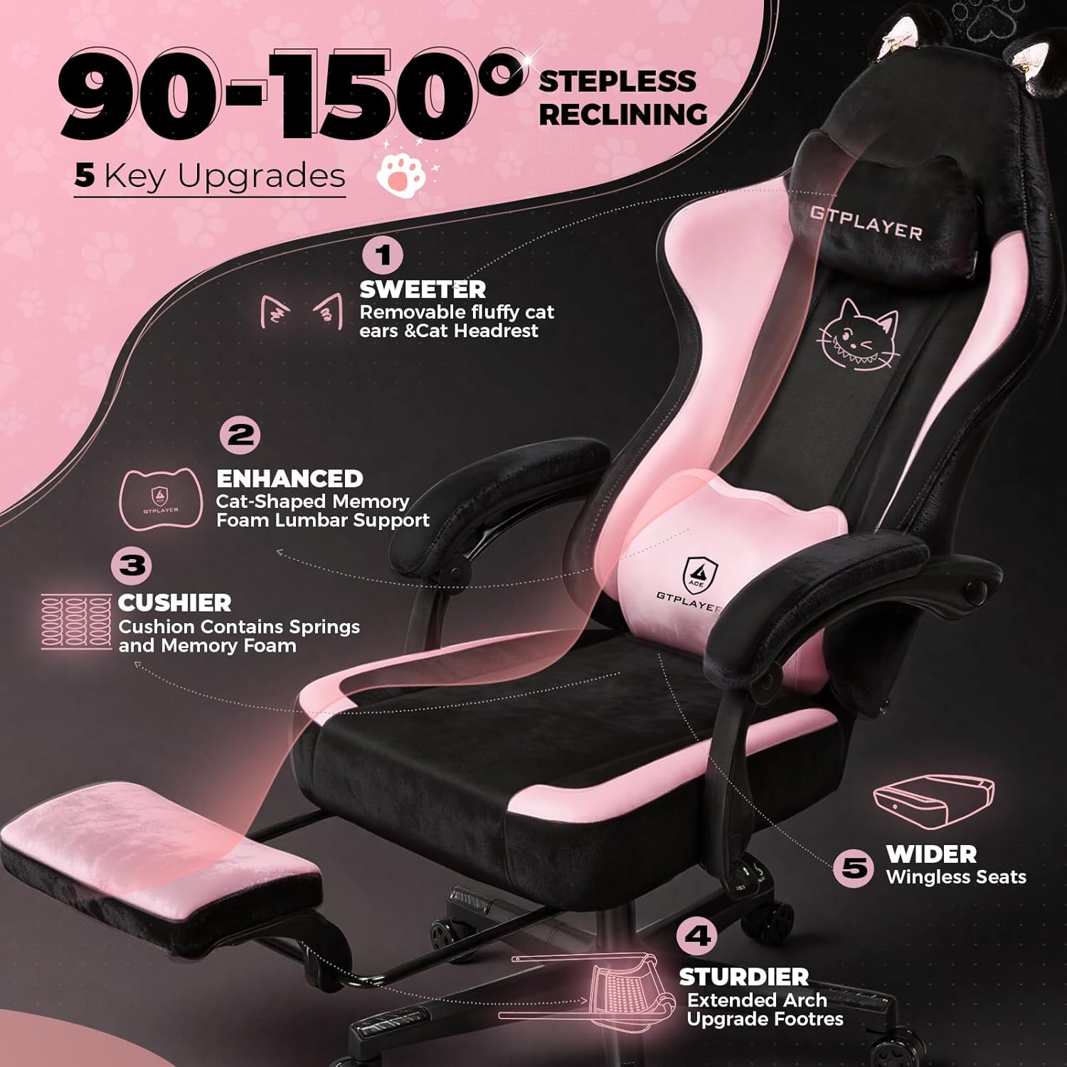 GTPOFFICE Cute Gaming Chair with Cat Ears,Ergonomic Computer Chair with Footrest Cat Paw Lumbar Support Comfortable Reclining Game Chair Desk Chair for Adult Teens, Soft Fabric, Pink Black