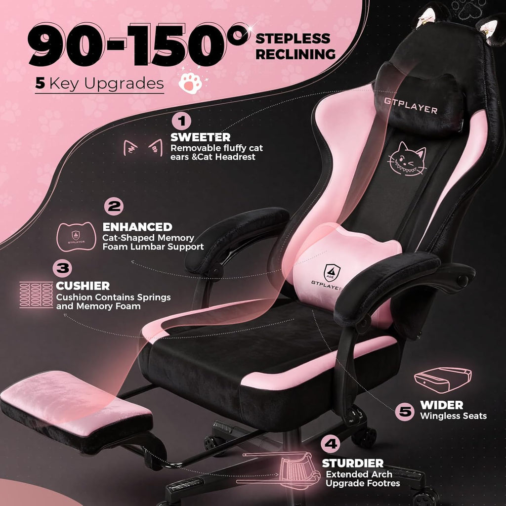 Pink Gaming Chair Cute with Cat Ears Ergonomic Computer Chair with Cat Embroidery Adjustable Memory Foam Lumbar Support and Headrest Comfortable Reclining Office Chair for Girls, Teens, Women