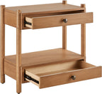 Modern Wood Nightstand with Two Drawers and Open Shelf, Solid Wood Legs, Brushed Bronze Hardware, Bedside End Table for Bedroom or Living Room