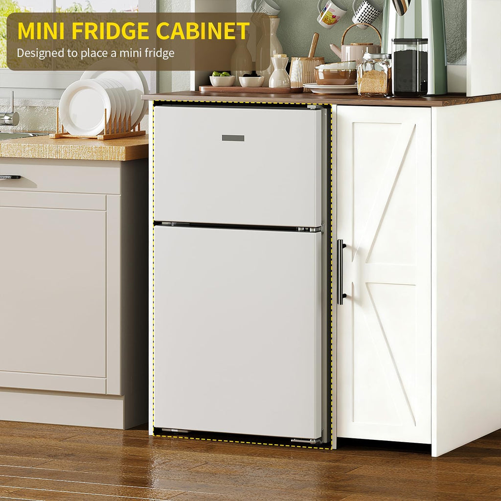 Mini Fridge Stand Coffee Bar Cabinet,Freestadning Coffee Stand Station Bakers Rack with Mini Fridge Space & Power Outlet,for Kitchen Dining Room Living Room,White