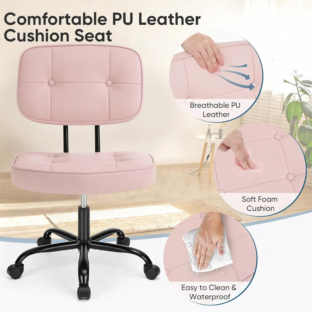 DUMOS Home Office Desk Chair - Ergonomic Armless PU Leather Computer Rolling Task Chair，with Comfy Lumbar Support and Height Adjustable, 360° Swivel, Vanity, Bedroom, Pink