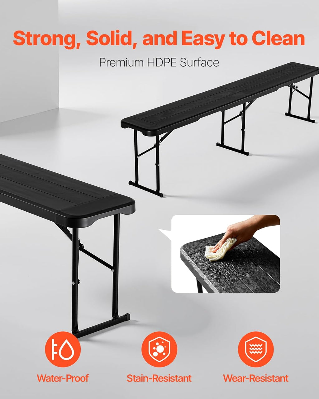 VEVOR Plastic Folding Bench, 6 ft Portable Bench for Outdoor Picnic Party Camping Dining, Foldable Smooth HDPE Seat for Garden Soccer Multipurpose Entertaining Activities, 1/2 Pack (2, Black, 6FT)