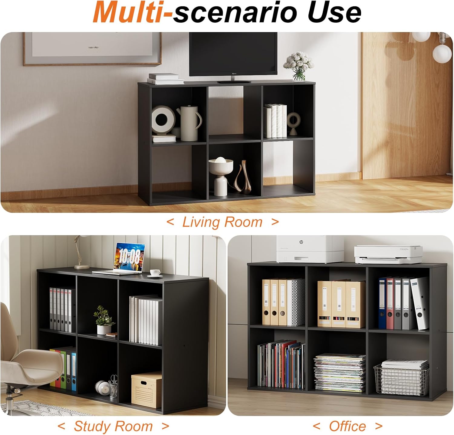 Sweetcrispy 6 Cube Storage Organizer - Open Cube Bookshelf with 3 Removable Back Panels, Display Storage Bookcase for Living Room, Bedroom, Entrance Hall, Home Office，36" Lx11.6 Wx24 H, Deep Black