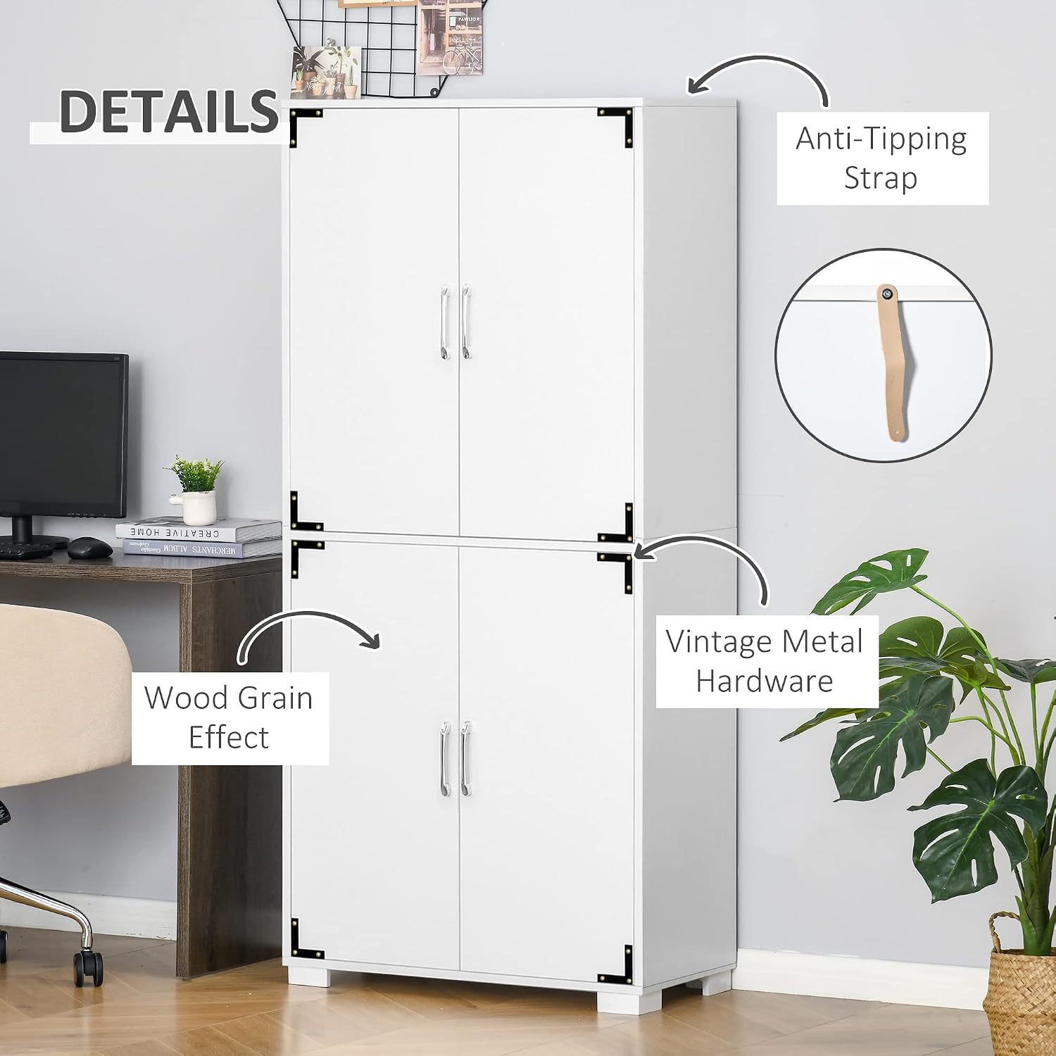 29.5" D*13.75" W*63" H Freestanding Kitchen Pantry with 4 Shelves, 2 Double Doors, Rectangular Wood Storage Cabinet, Modern Minimalist, Easy Assembly, for Living Room, Dining Room, White