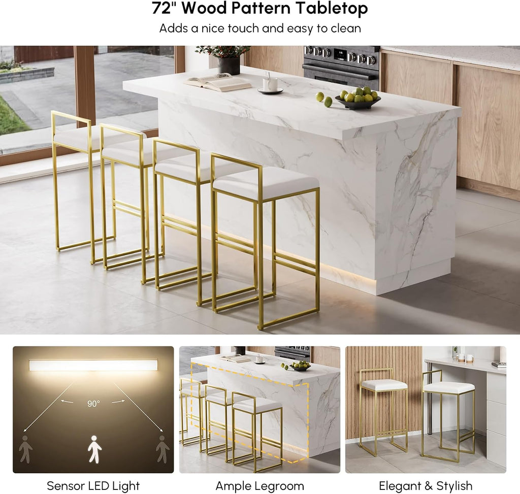 homary Kitchen Island with Storage & LED, 72" White Wood Islands with Wine Rack, Drawers & Shelves, Modern Kitchen Table for Dining Room, Prep & Gatherings, Without Chair