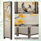 MyGift 6-Panel Large Bamboo Room Divider with Dual-Sided Asian Birds and Gingko Tree Sunset Print, Freestanding Privacy Screen with Brown Solid Wood Frame