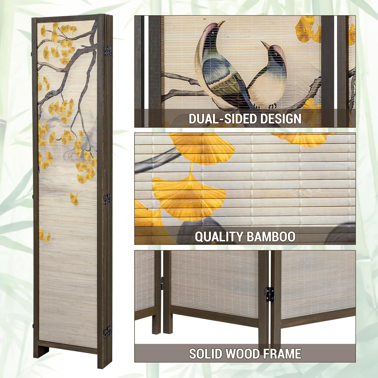 MyGift 6-Panel Large Bamboo Room Divider with Dual-Sided Asian Birds and Gingko Tree Sunset Print, Freestanding Privacy Screen with Brown Solid Wood Frame