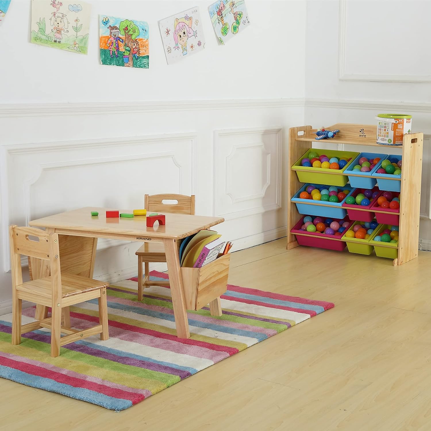 Kids Solid Wood Table and 2 Chair Set with Storage Desk and Chair Set for Children Toddler Activity Table (Solid Wood/Natural)