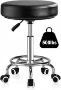 Adjustable Rolling Stool with Wheels 500lb Heavy Duty Round Rolling Stool with Footrest, Thick 7.6cm Cushion Patent Leather Drafting Stool Chair with Wheels Work Spa Salon Seat（Black）