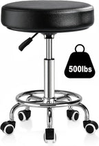 Adjustable Rolling Stool with Wheels 500lb Heavy Duty Round Rolling Stool with Footrest, Thick 7.6cm Cushion Patent Leather Drafting Stool Chair with Wheels Work Spa Salon Seat（Black）