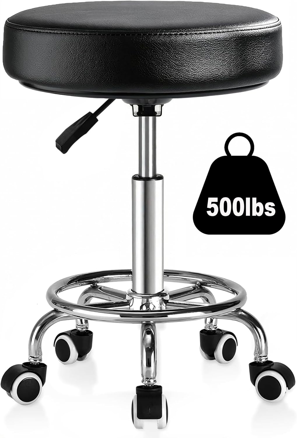 Adjustable Rolling Stool with Wheels 500lb Heavy Duty Round Rolling Stool with Footrest, Thick 7.6cm Cushion Patent Leather Drafting Stool Chair with Wheels Work Spa Salon Seat（Black）