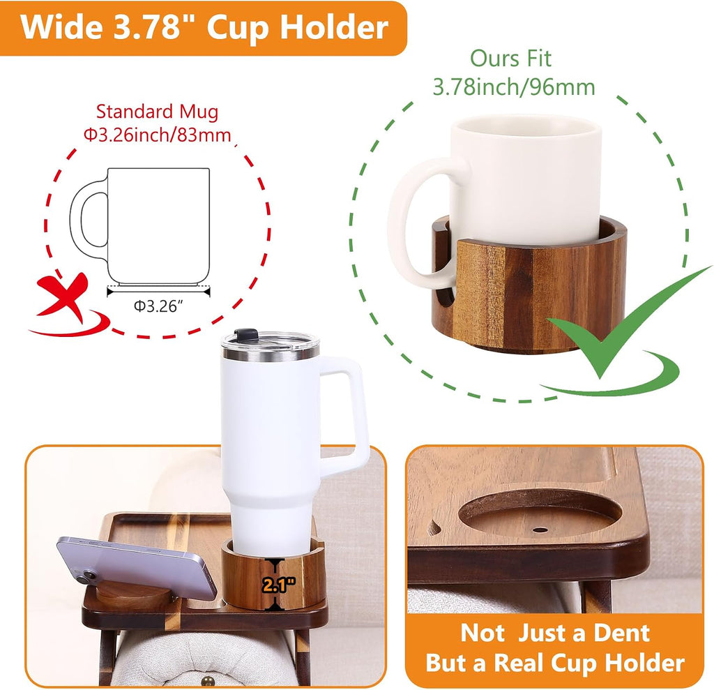 Couch Armrest Table Acacia with 360°Rotating Phone & Cup Holders,15.4" x 9.8", 3-in-1 Couch Arm Tray Clip-On Couch Tray for Drinks & Snacks
