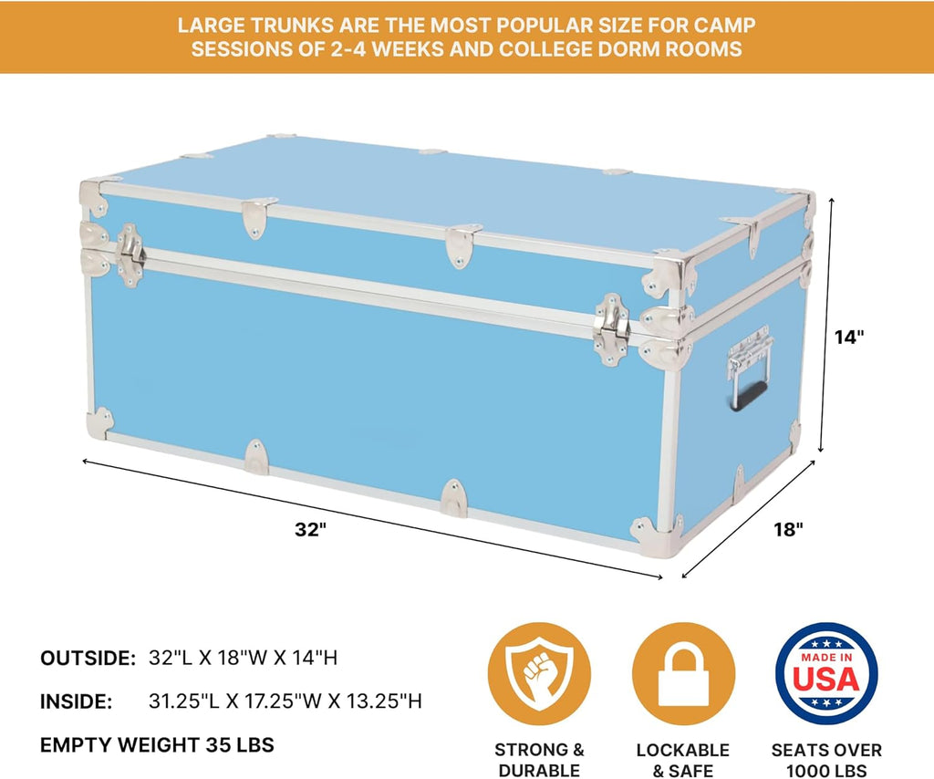 Large Essential Trunk With Wheels, Tray, & Lid Organizer - 32"x18"x14", 1000+ lbs Capacity. Strong, USA Made Summer Camp Footlocker, and Secure College Dorm Storage Chest