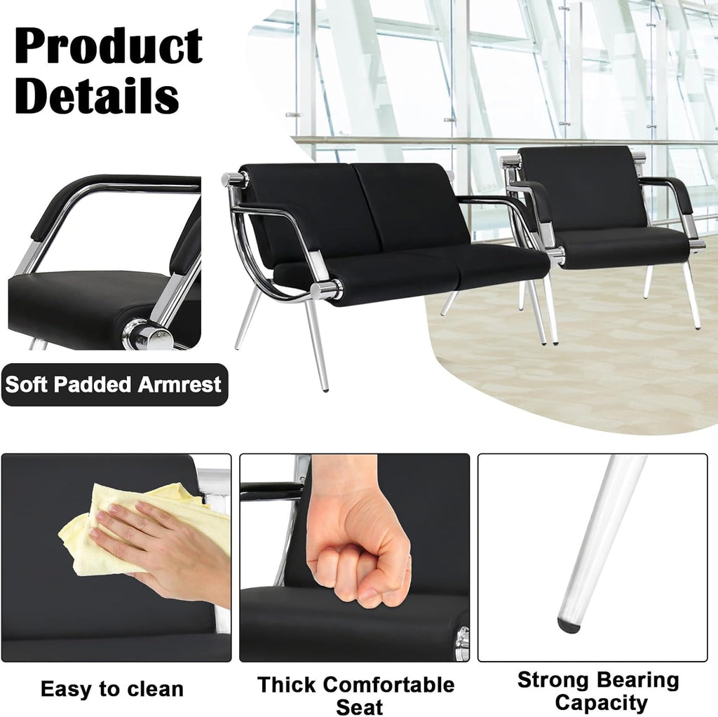 kinbor Waiting Room Chairs Office Bench - Black PU Leather Airport Seating Reception Chairs with Armrest for Waiting Room Office Bank Salon