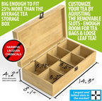 Tea Organizer Box Food Safe Chemical Free Bamboo Wood Storage Chest Big, Tall, Adjustable Cubbies (8-Slot 14.3" x 8.1" x 4.2" with TEA print design)