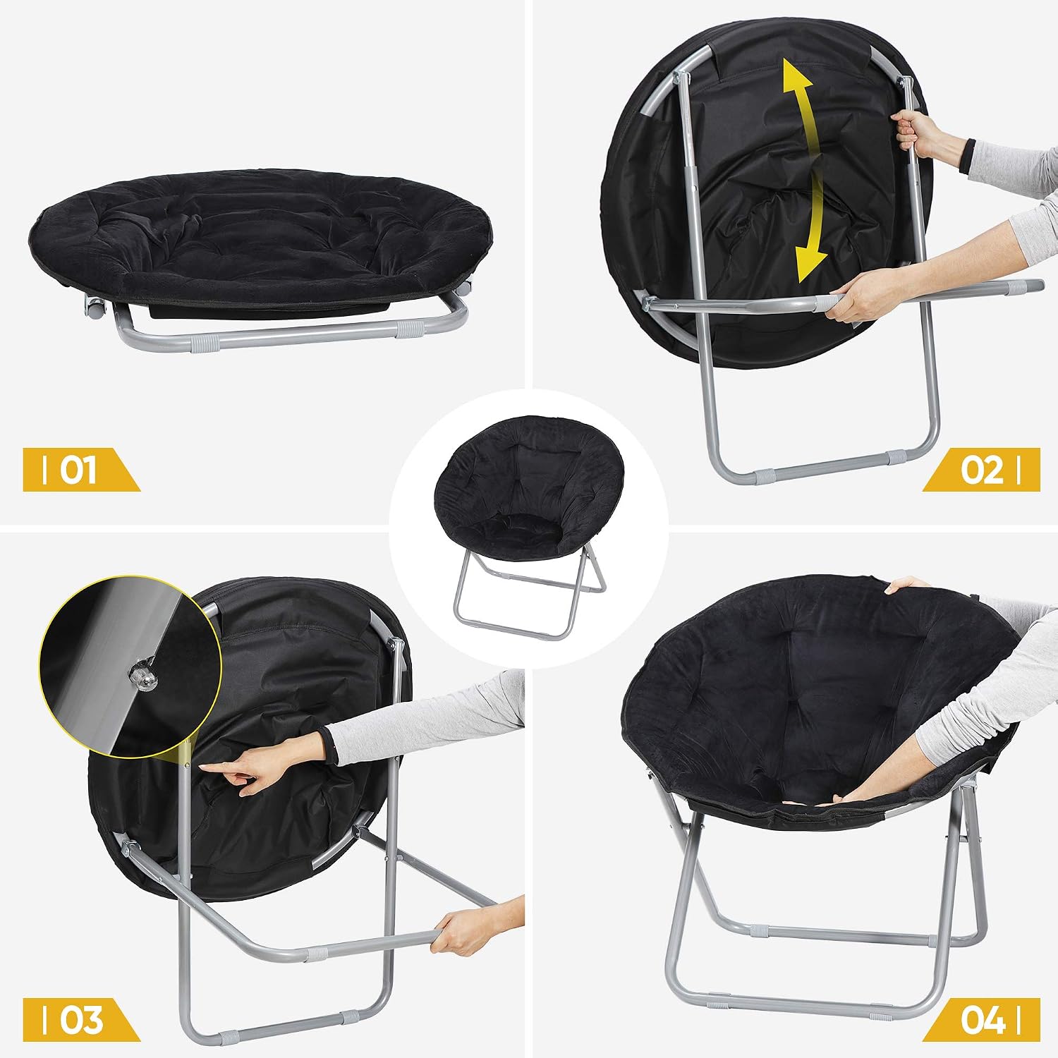 Faux-Fur Folding Chair, Moon Chair Soft Lounge Chair for Lounging, Bedroom, Dorm Rooms or Apartments, Black
