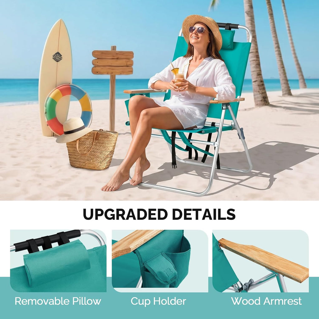 Bonnlo 17“ Lightweight High Backpack Beach Chair, 2 Pack Portable Tall Beach Chairs for Adults with Side Bag. 3 Level Adjustable Positions for Camping Patio and Picnic