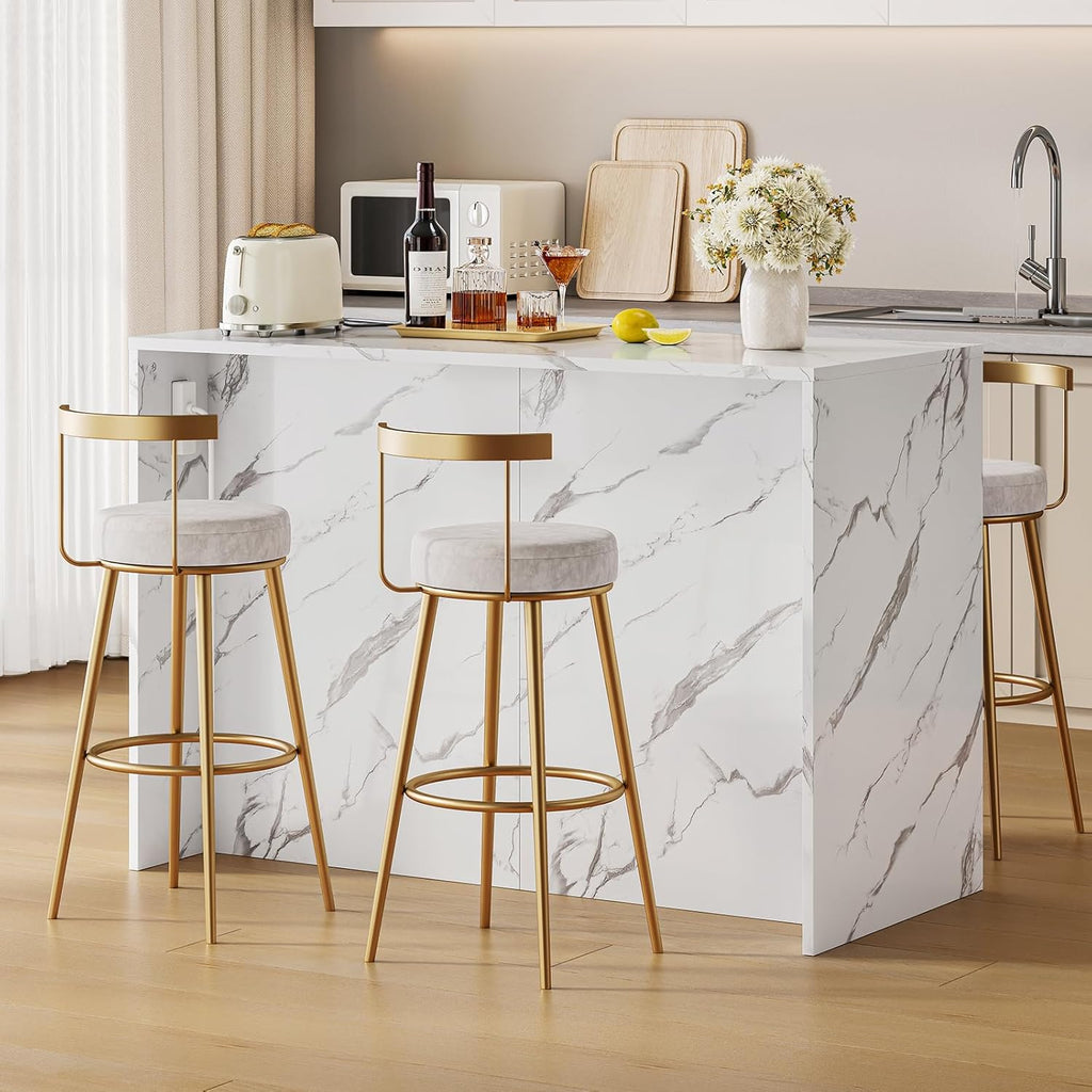 ONBRILL 47.3" Kitchen Island with 2 Storage Cabinets & 4 Drawers, Modern Imitation Marble Dining Table with Power Outlet, Island Bar Table for Kitchen, Dining Room, Living Room, White
