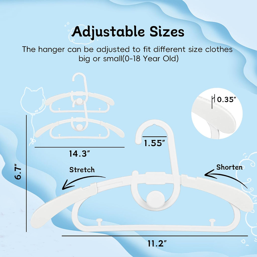 30 Pack Baby Hangers Adjustable for Infant to Children Kids Clothes Hangers - Thick Plastic Non-Slip Stackable Space Saving Nursery Toddler Pants Bar Closet Organizer White