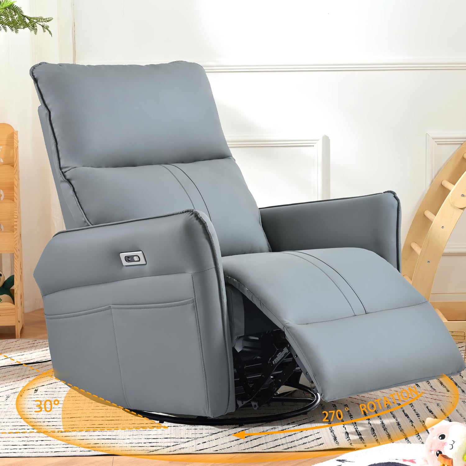 Power Swivel Rocker Recliner Chair for Nursery, Upholstered 270° Swivel Glider Rocker Chair with USB Ports, Small Power Recliners for Small Spaces Living Room