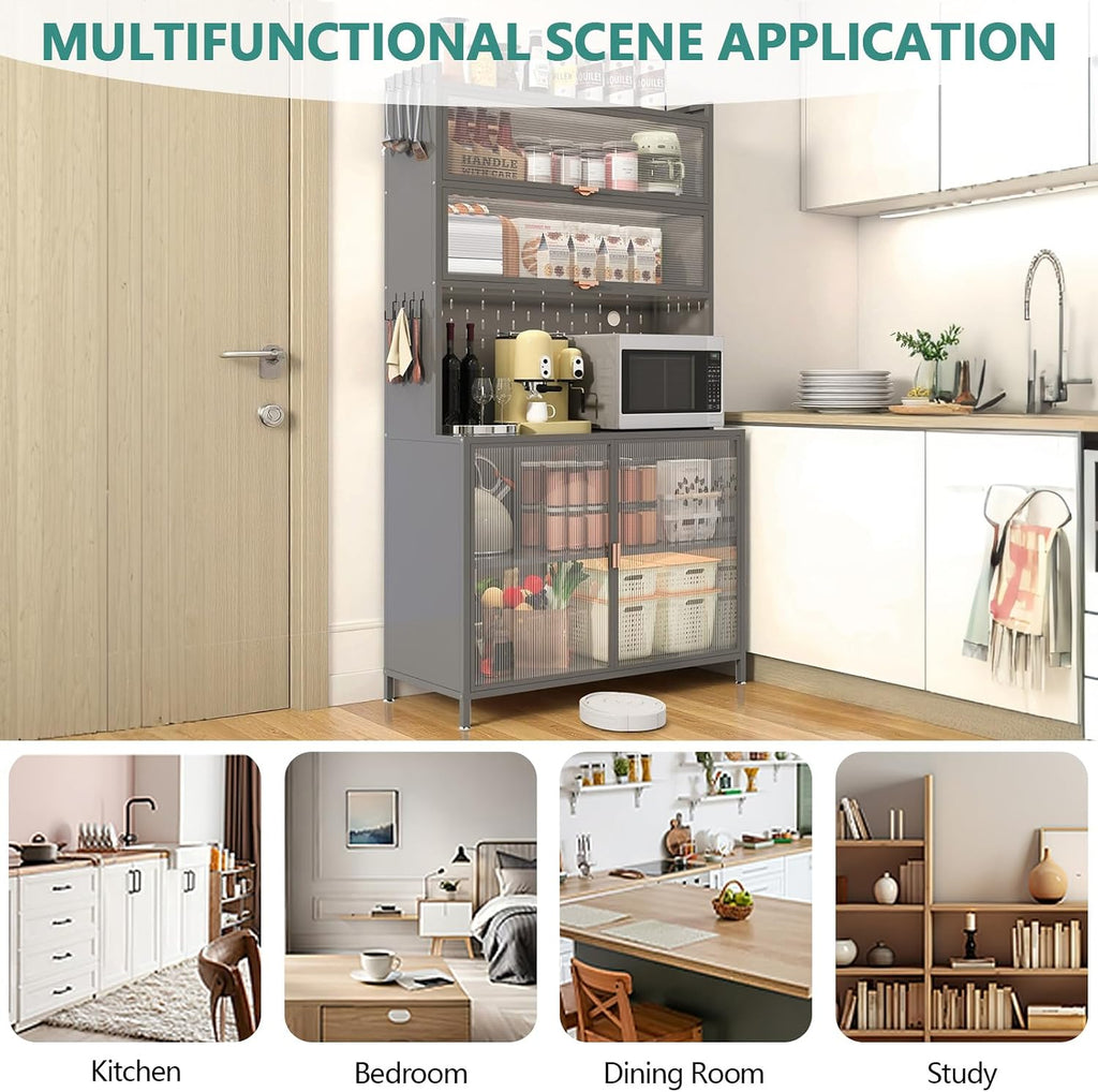 73'' Tall Kitchen Pantry Cabinet,Metal Pantry Cabinet with Adjustable Shelves,6-Tier Hutch Storage Cabinet with Microwave Stand, Anti-Tip Design Hutch for Kitchen, Dining Room, Living Room (Grey)