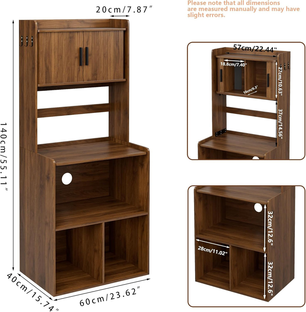 Kitchen Bakers Rack,Coffee Bar with Fluted Sliding Door,5 Tier Free Standing Kitchen Shelves Rack with 6 Hooks and Cable Holes,Microwave Stand for Small Spaces,Kitchen,Living Room