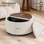 29.5 Inch Round Storage Ottoman Coffee Table, Modern Teddy Ottoman with Storage with Dual Reversible Lids and Solid Wood Legs, Upholstered Circle Coffee Table for Living Room, Bedroom, Beige