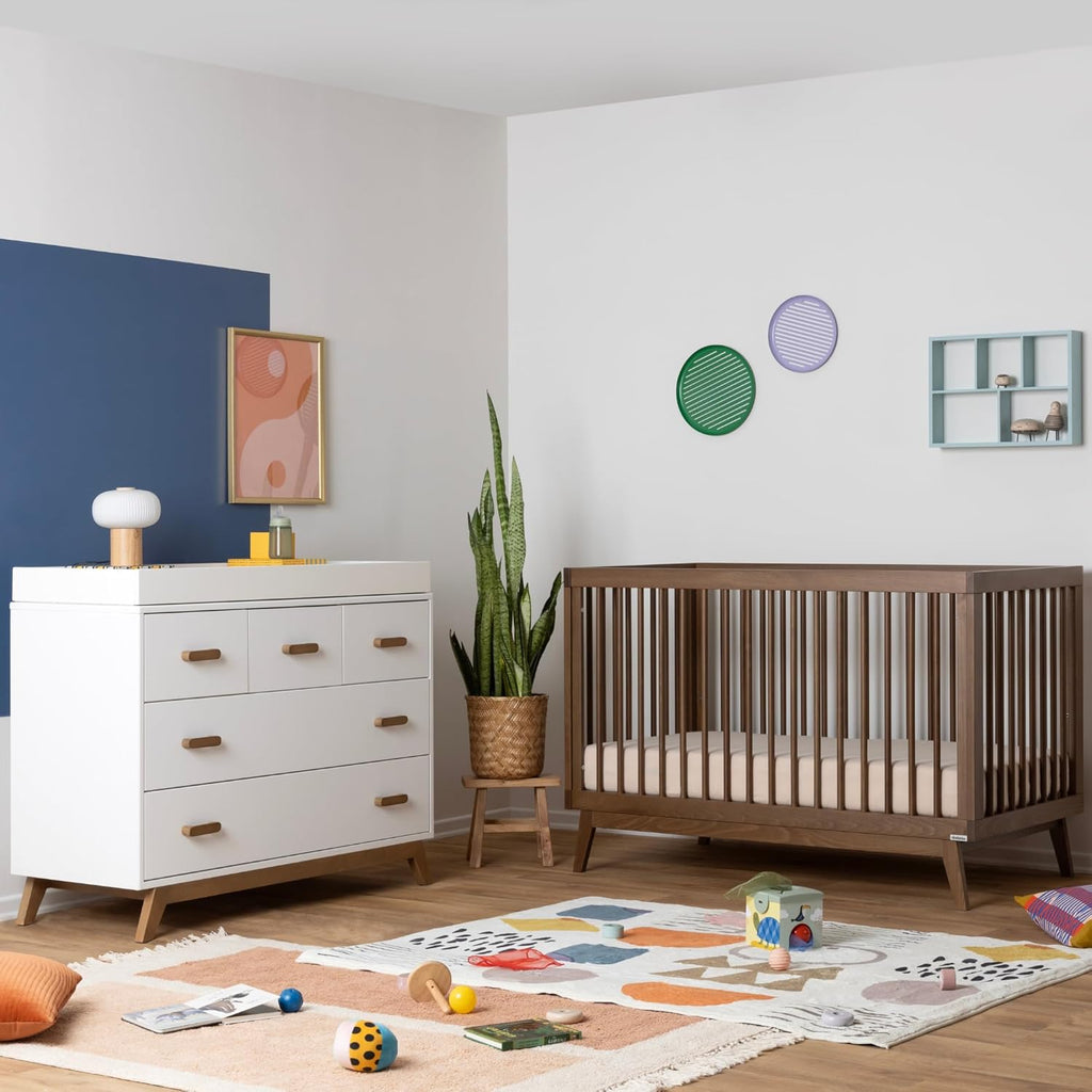 dadada Soho Baby Nursery Furniture Set, Baby Crib and Dresser Set Combo, Soho 3-in-1 Convertible Crib and Matching 5 Drawer Dresser, Walnut Beechwood