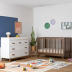 dadada Soho Baby Nursery Furniture Set, Baby Crib and Dresser Set Combo, Soho 3-in-1 Convertible Crib and Matching 5 Drawer Dresser, Walnut Beechwood