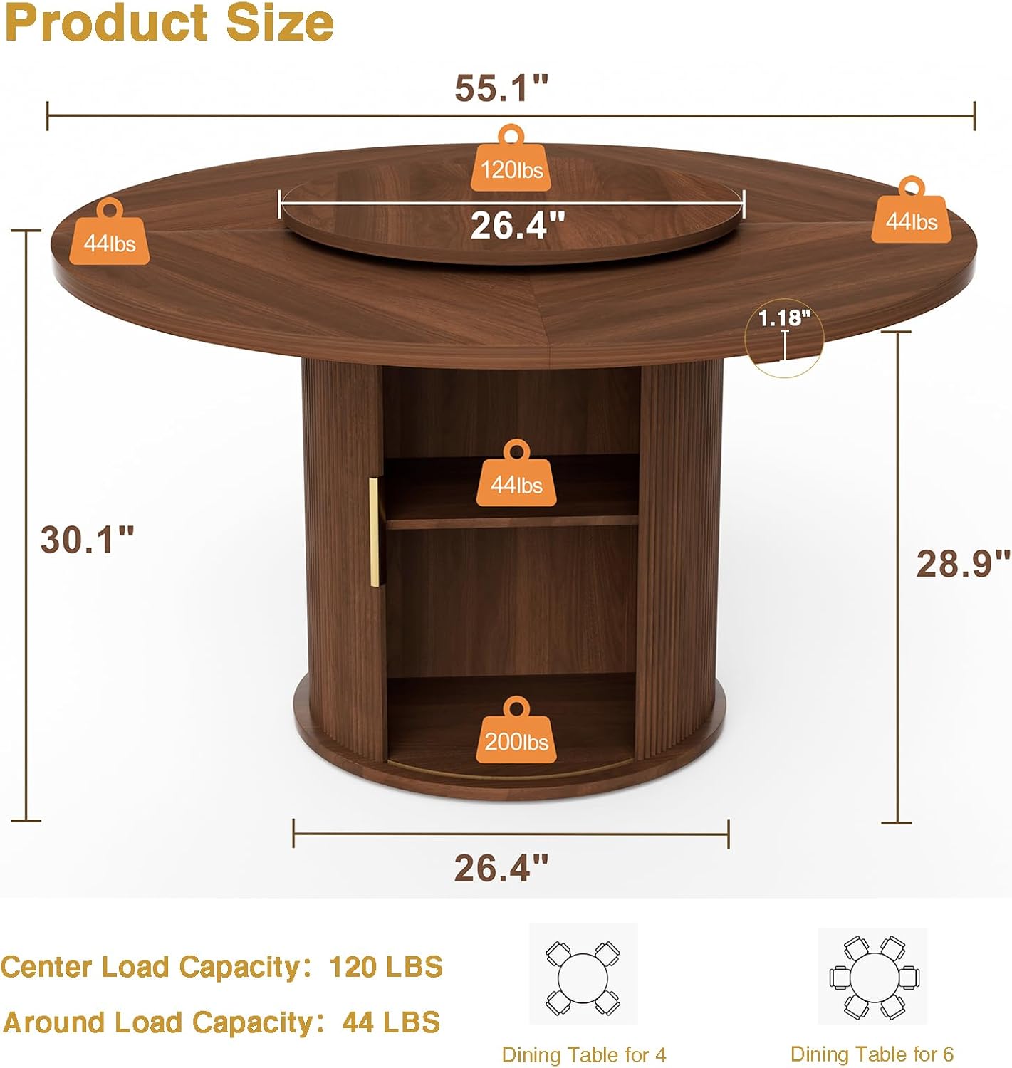 55" Round Dining Room Table with Lazy Susan, Mid-Century Modern Kitchen Table, Pedestal Storage with Wavy Sliding Doors, Seats 6, Stable Rounded Base, Easy-Clean Finish (Walnut)