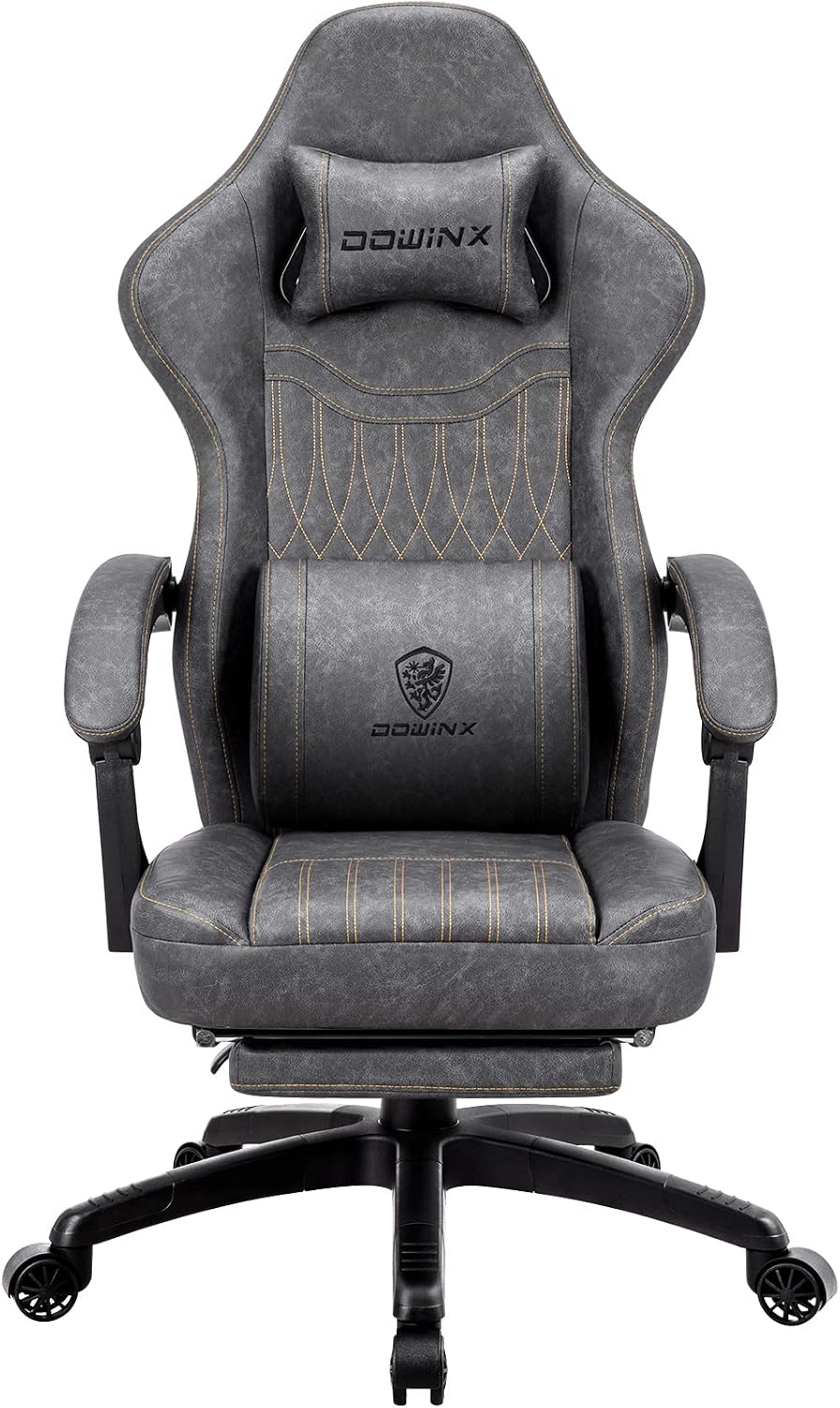 Dowinx Gaming Chair, Breathable PU Leather Gamer Chair with Memory Foam, Pocket Spring Cushion and Footrest, Big and Tall Ergonomic Reclining Computer Chair with Massage Lumbar Support, Deep Gray