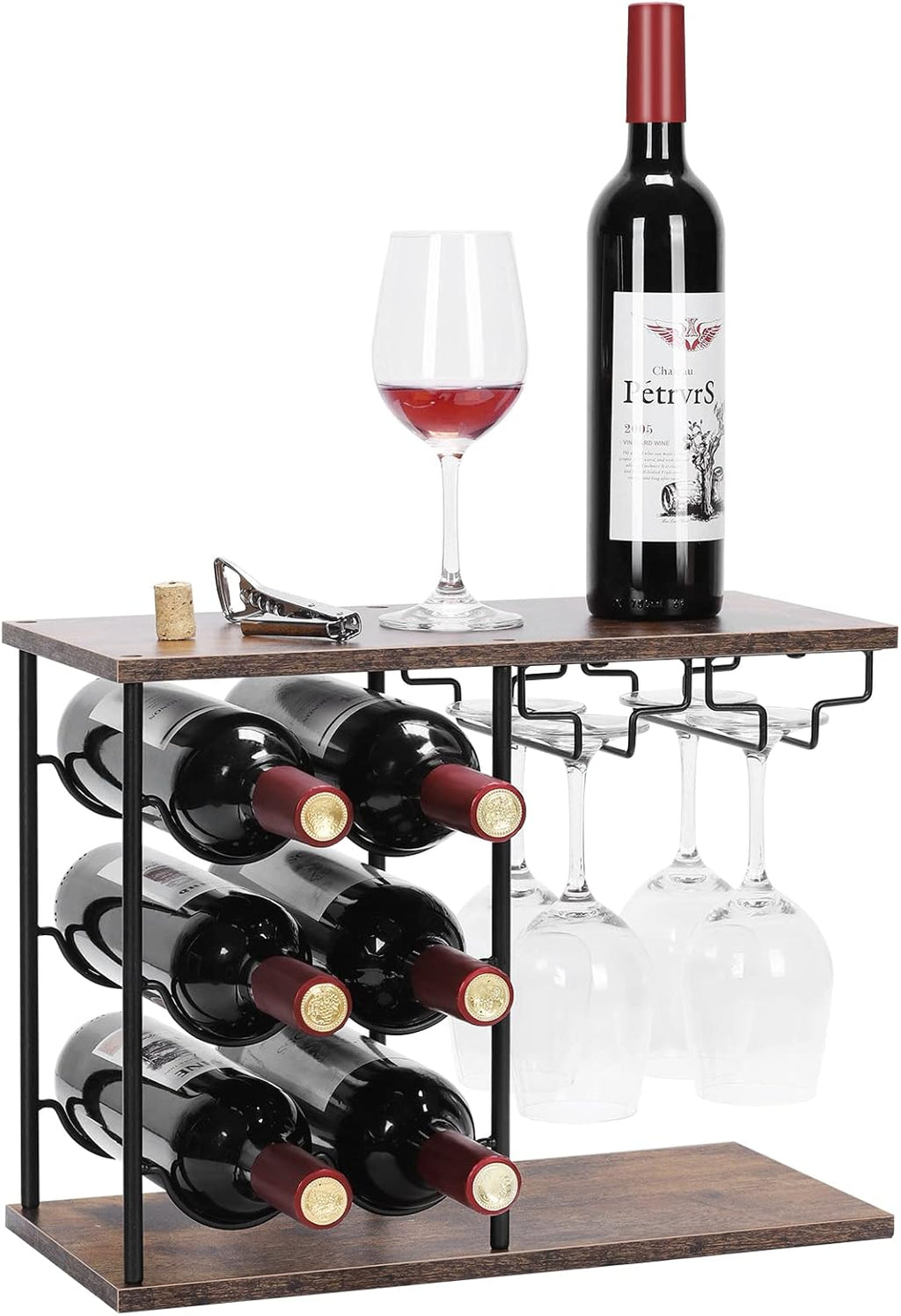 MOOACE Countertop Wine Rack, Wine Bottle Rack with Glass Holder | Freestanding, Holds 6 Bottles and 4 Glasses, For Home Bar Tabletop Kitchen Cabinet, Wood & Metal