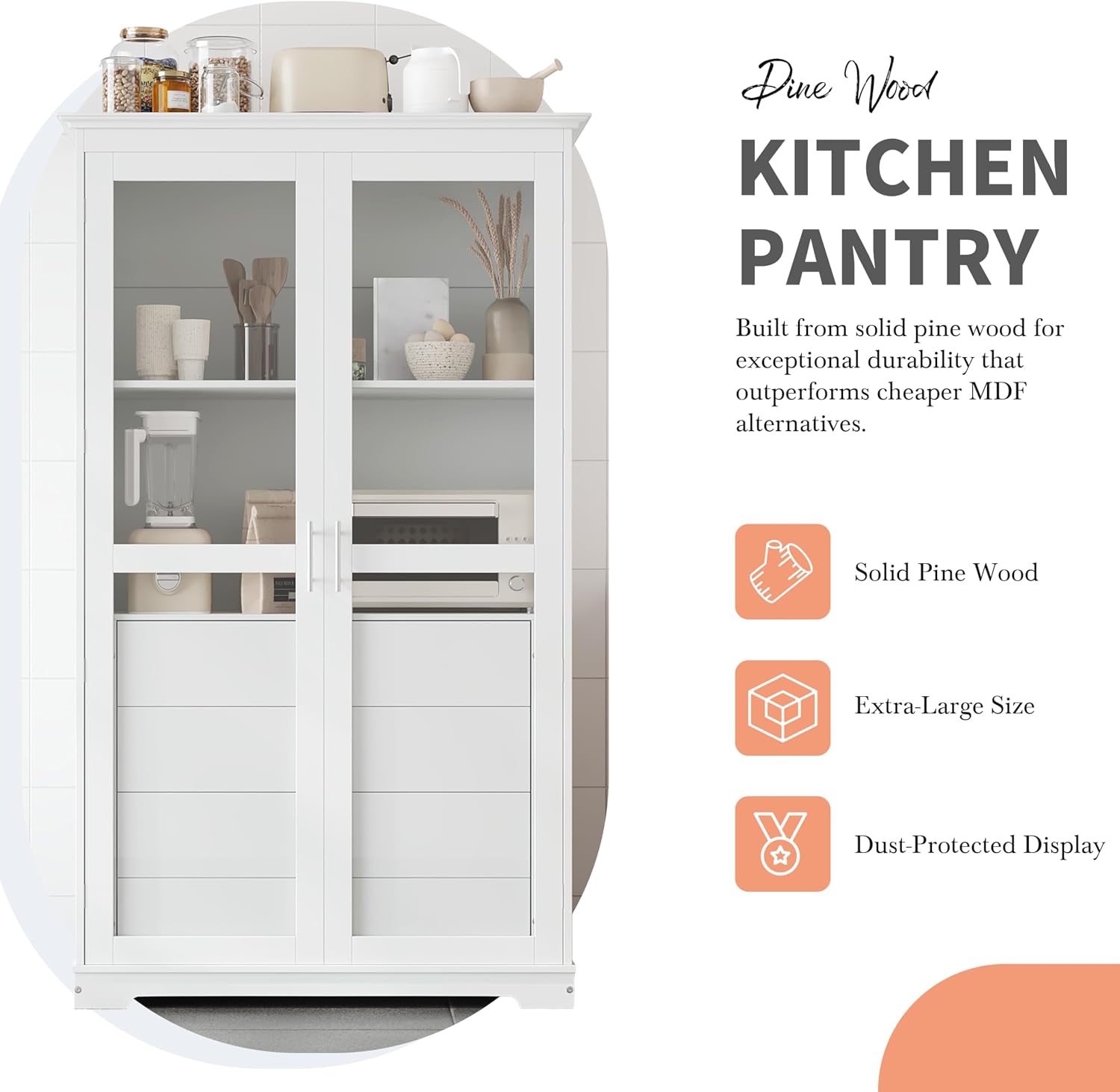 Merax 75" Tall Pantry Cabinet, Kitchen Pantry Storage Cabinets with Glass Door, 2 Shelves and 4 Built-in Drawers, Freestanding Cupboard for Kitchen, Dining Room, Living Room and Bathroom, White