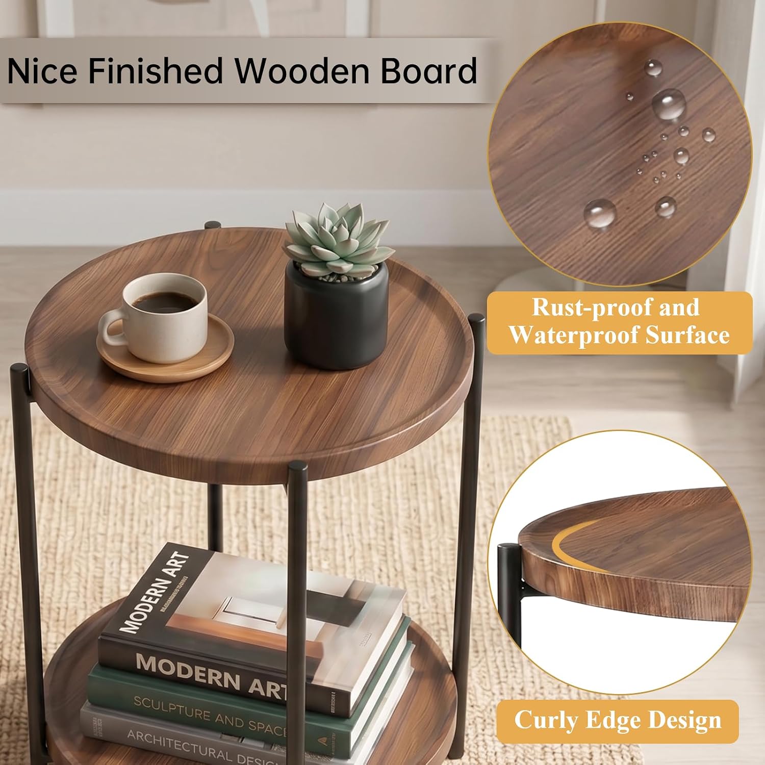 TeoKJ 2 Tier Small Side Table, Folding Round Metal End Table with Two Removable Wooden Tray, No Assembly Nightstand for Bedroom Living Room Bedside Round Bedside Table for Small Spaces, Walnut