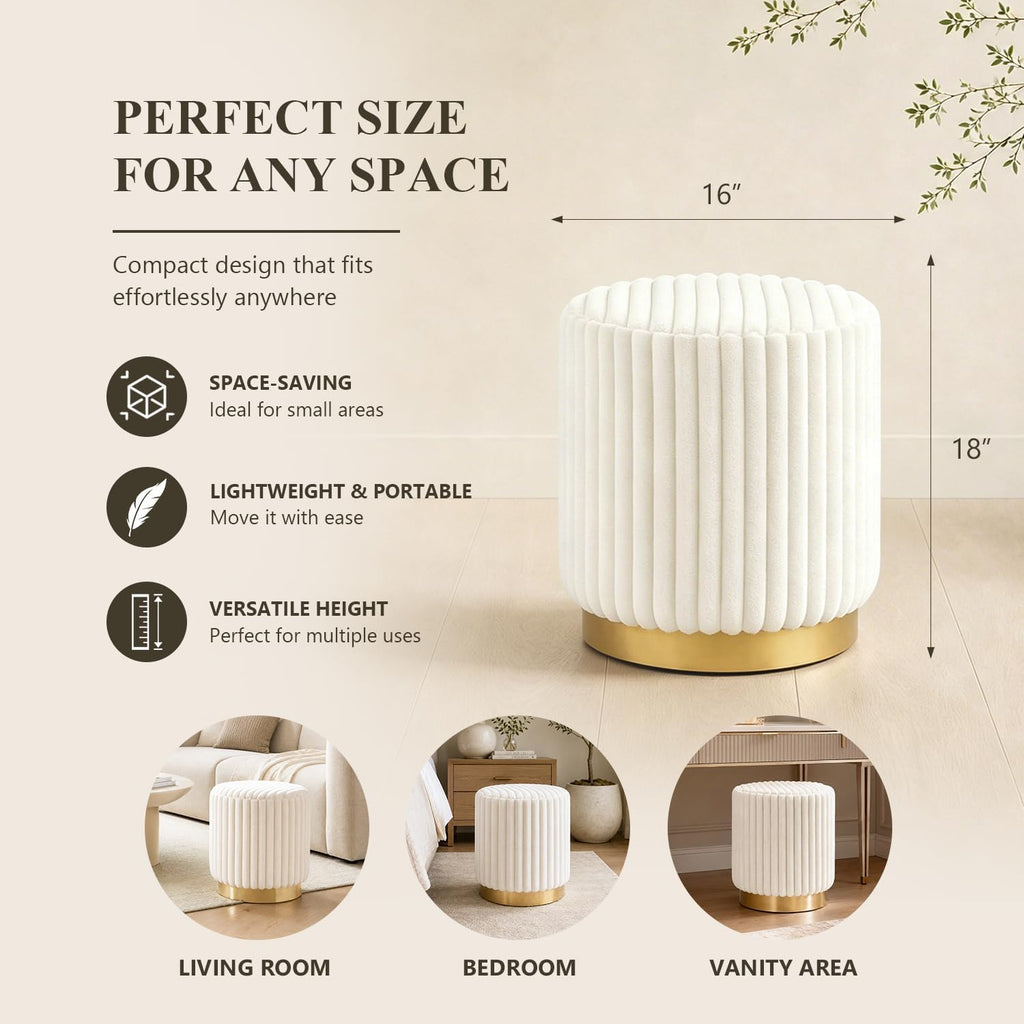 Round Ottoman Stool, Fur-Like Upholstered Small Ottoman Foot Rest with Gold Stainless Steel Plinth Base, Modern Vanity Stool for Living Room, Bedroom, Entryway, White
