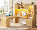 SEDETA 67" x 65" L Shaped Desk with Hutch, RGB LED Corner Computer Desk with Power Outlets, Fluted Home Office Desk with File Drawer, Storage Cabinet & Glass Display Cabinet for Gaming & Working, Oak