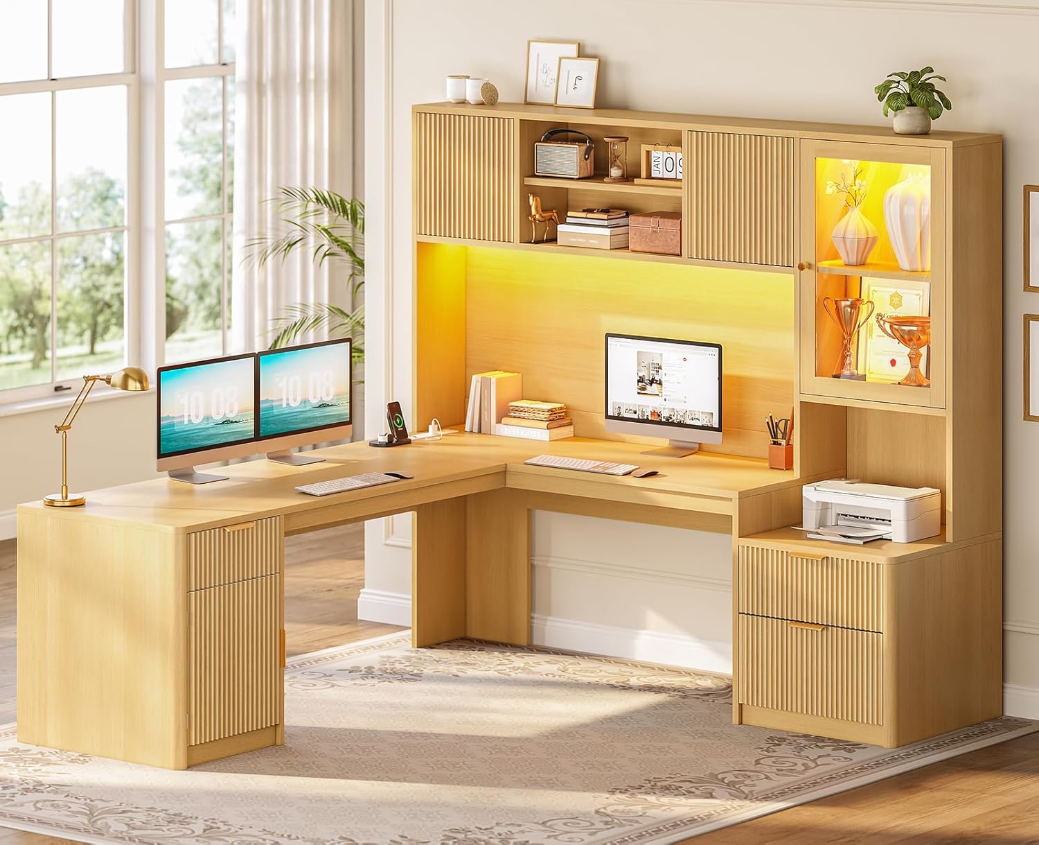 SEDETA 67" x 65" L Shaped Desk with Hutch, RGB LED Corner Computer Desk with Power Outlets, Fluted Home Office Desk with File Drawer, Storage Cabinet & Glass Display Cabinet for Gaming & Working, Oak