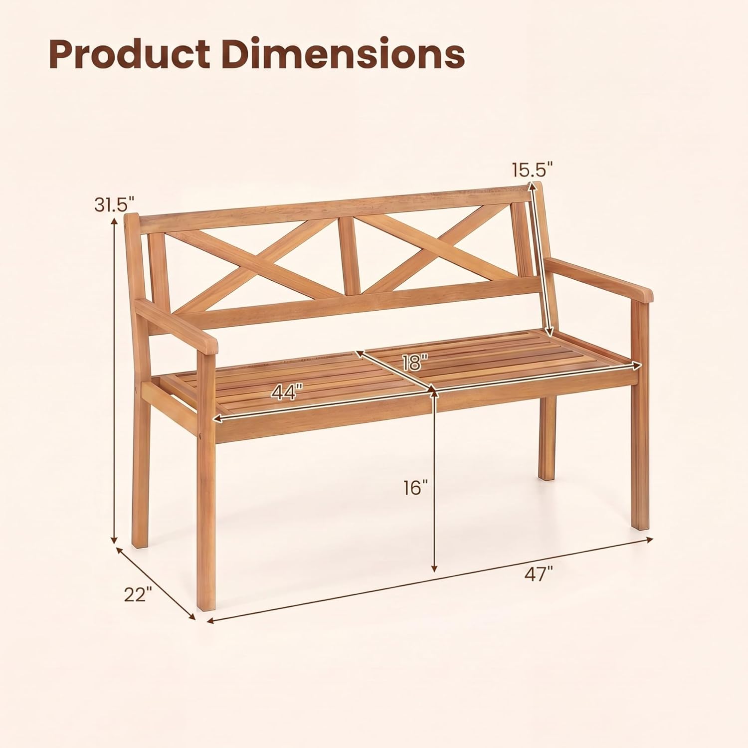 Giantex 2-Person Outdoor Bench, 47" Patio Acacia Wood Loveseat with Slatted Seat, Armrests & X-Shaped Backrest, Wooden Garden Seating for Backyard, Porch, Deck, Poolside