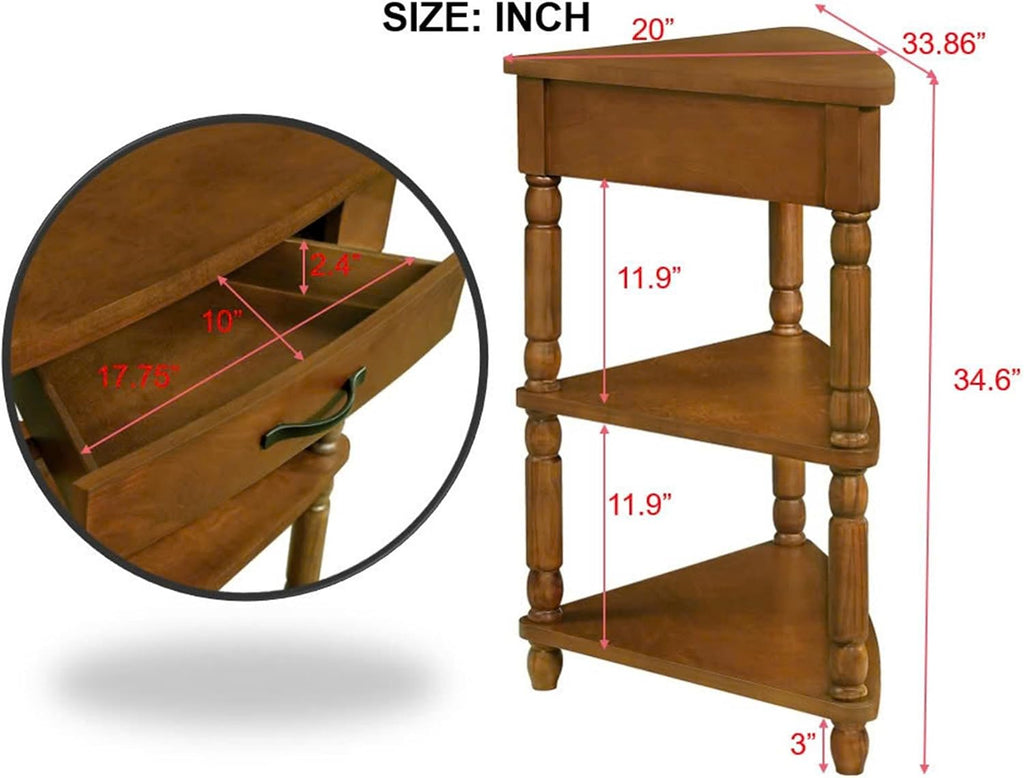 LKTART 33.86'' Corner Table, 3 Tier Space with Drawer for Storage, Solid Wood End Corner Table for Small Space, Triangle Corner Side Table for Living Room,Brown